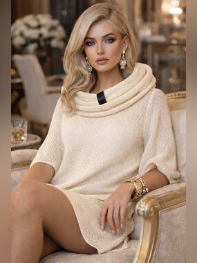 Marc by Marc Jacobs Ivory Open-Knit Cowl Neck Hooded Tunic